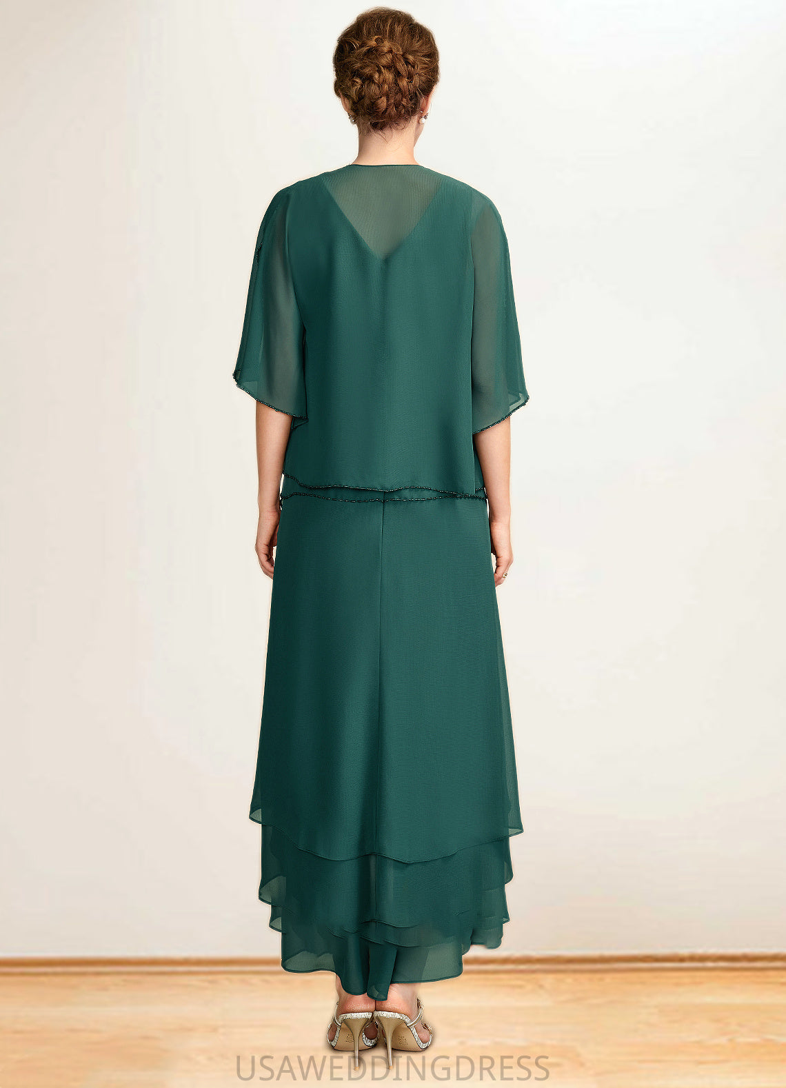 Kara A-Line V-neck Asymmetrical Chiffon Mother of the Bride Dress With Beading Sequins Cascading Ruffles DS126P0015005