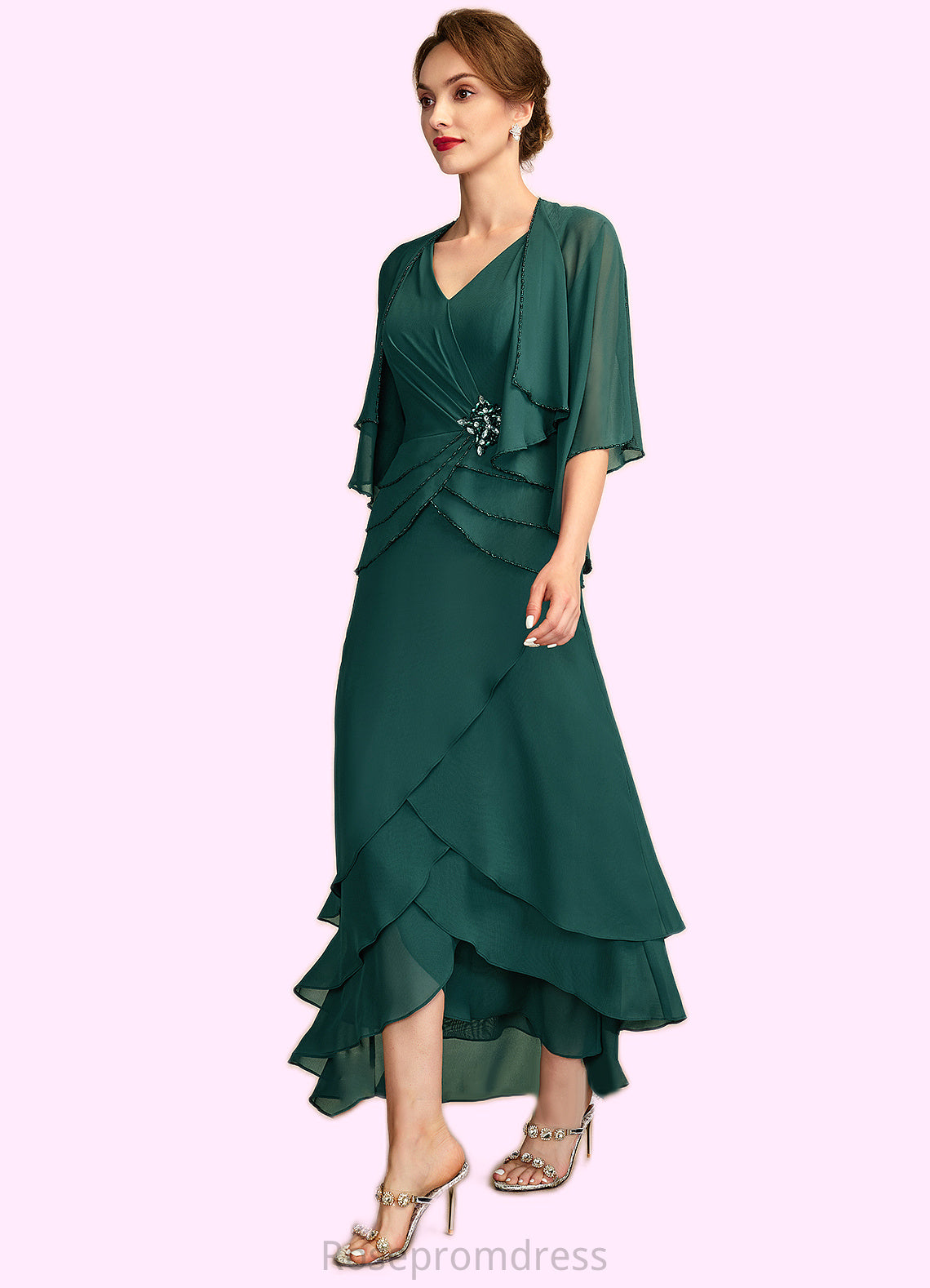 Madelyn A-Line V-neck Asymmetrical Chiffon Mother of the Bride Dress With Beading Sequins Cascading Ruffles SRS126P0015005