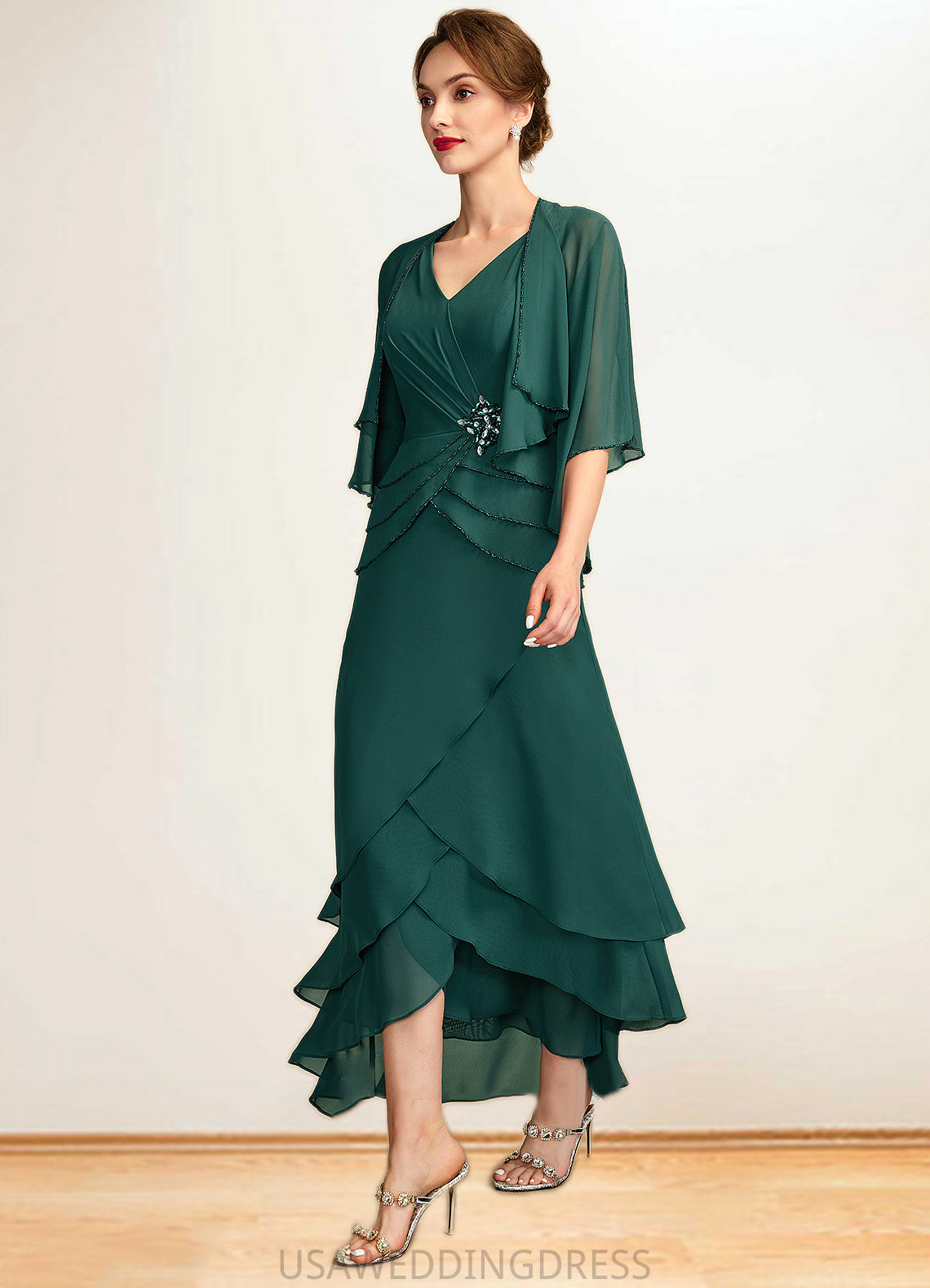 Kara A-Line V-neck Asymmetrical Chiffon Mother of the Bride Dress With Beading Sequins Cascading Ruffles DS126P0015005