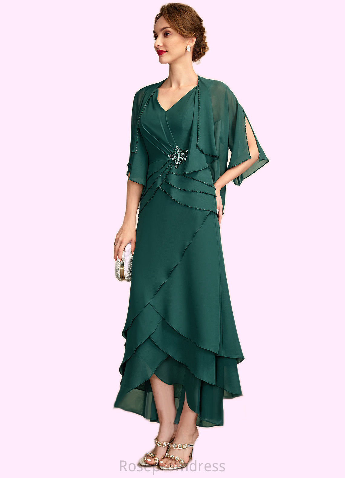 Madelyn A-Line V-neck Asymmetrical Chiffon Mother of the Bride Dress With Beading Sequins Cascading Ruffles SRS126P0015005