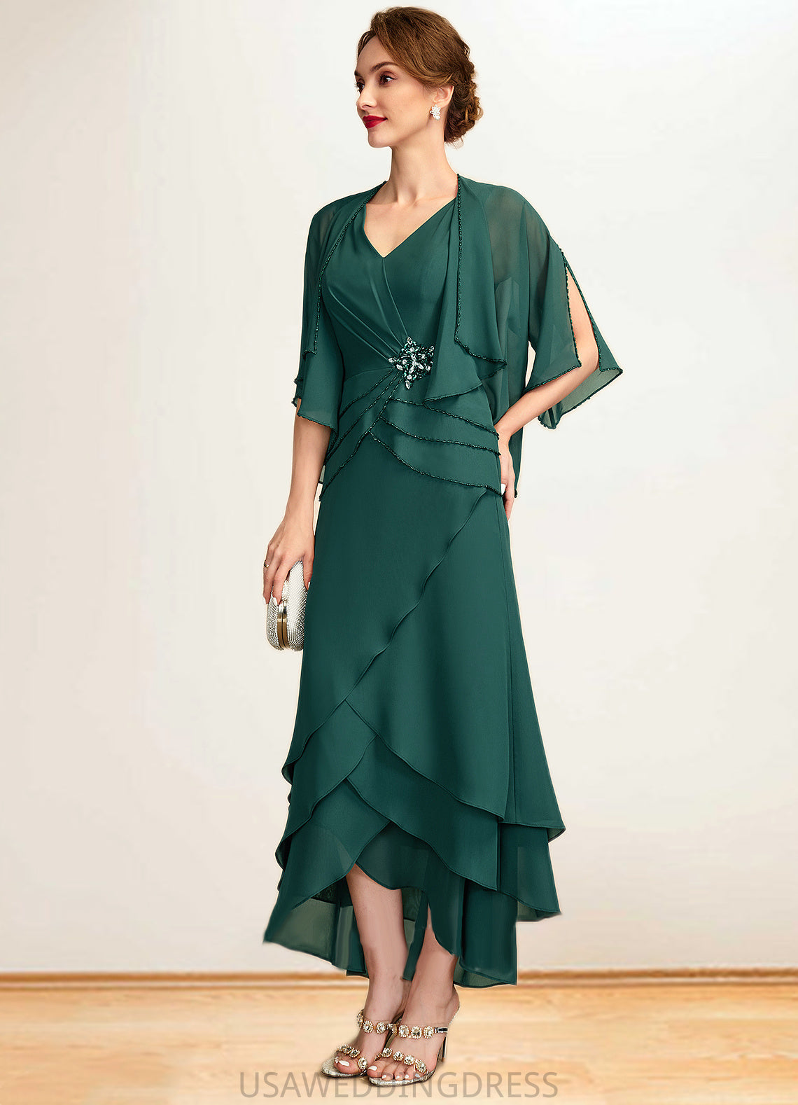 Kara A-Line V-neck Asymmetrical Chiffon Mother of the Bride Dress With Beading Sequins Cascading Ruffles DS126P0015005
