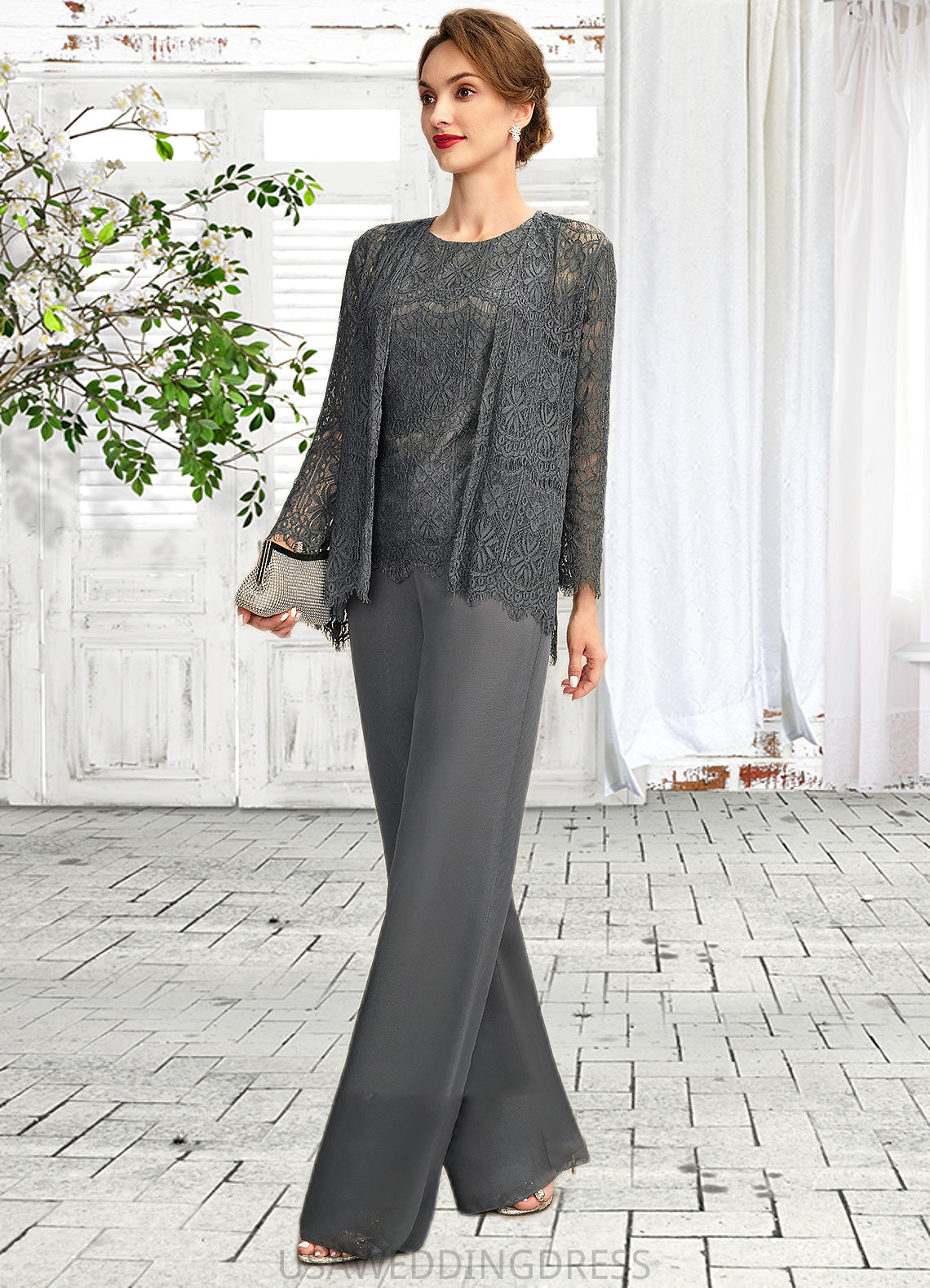 Lily Jumpsuit/Pantsuit Scoop Neck Floor-Length Chiffon Lace Mother of the Bride Dress DS126P0015006