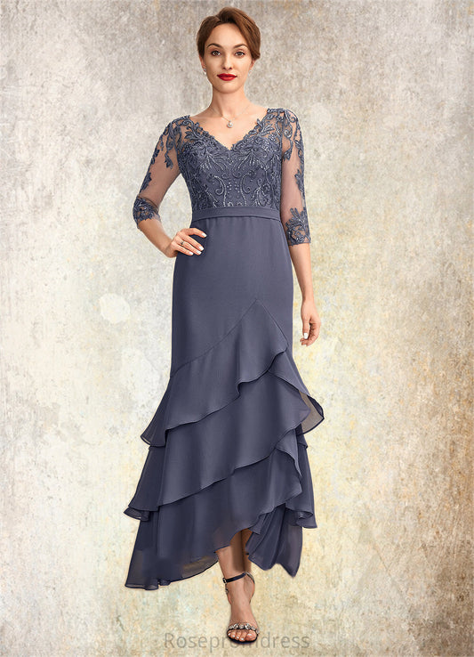 Ada Trumpet/Mermaid V-neck Asymmetrical Chiffon Lace Mother of the Bride Dress With Sequins Cascading Ruffles SRS126P0015007