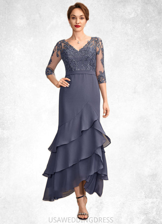 Claire Trumpet/Mermaid V-neck Asymmetrical Chiffon Lace Mother of the Bride Dress With Sequins Cascading Ruffles DS126P0015007