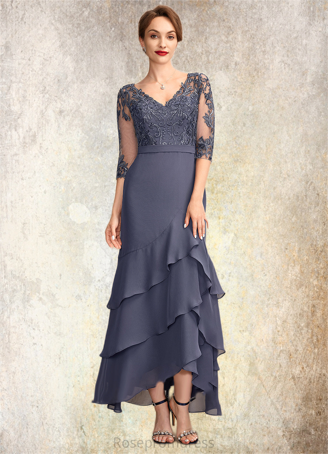 Ada Trumpet/Mermaid V-neck Asymmetrical Chiffon Lace Mother of the Bride Dress With Sequins Cascading Ruffles SRS126P0015007