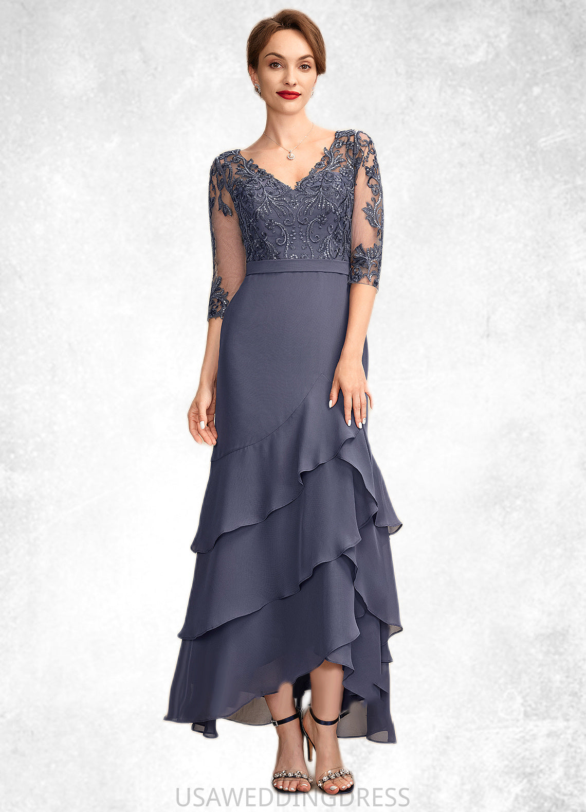 Claire Trumpet/Mermaid V-neck Asymmetrical Chiffon Lace Mother of the Bride Dress With Sequins Cascading Ruffles DS126P0015007