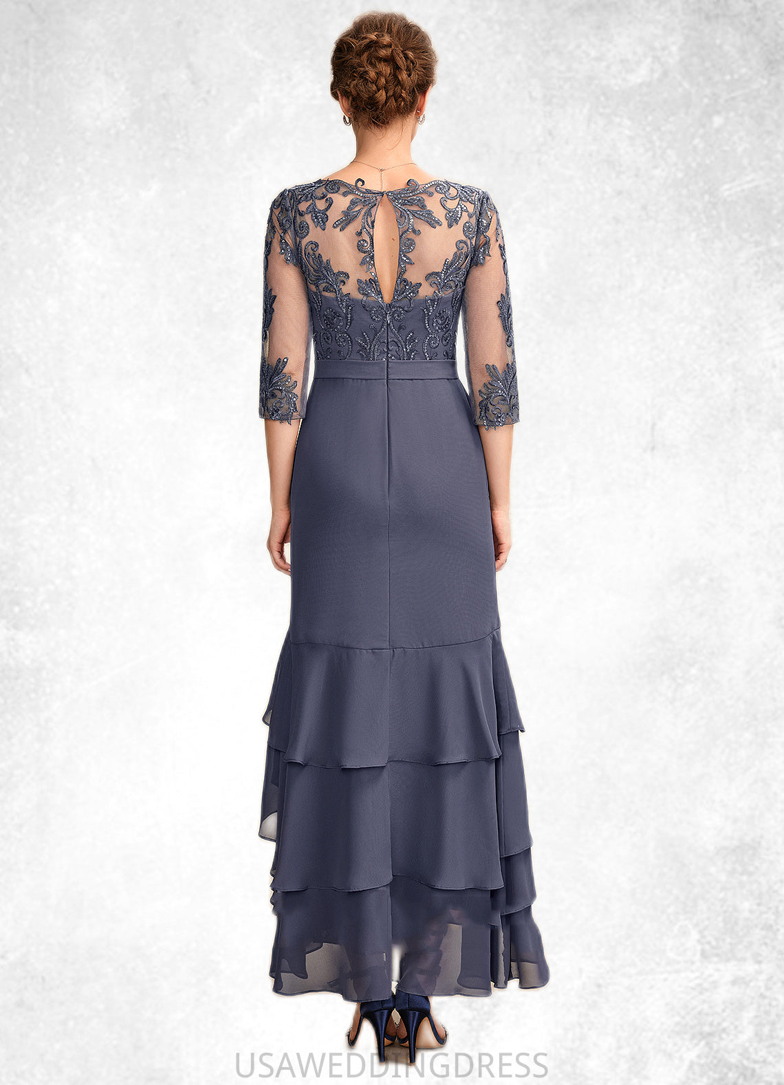 Claire Trumpet/Mermaid V-neck Asymmetrical Chiffon Lace Mother of the Bride Dress With Sequins Cascading Ruffles DS126P0015007