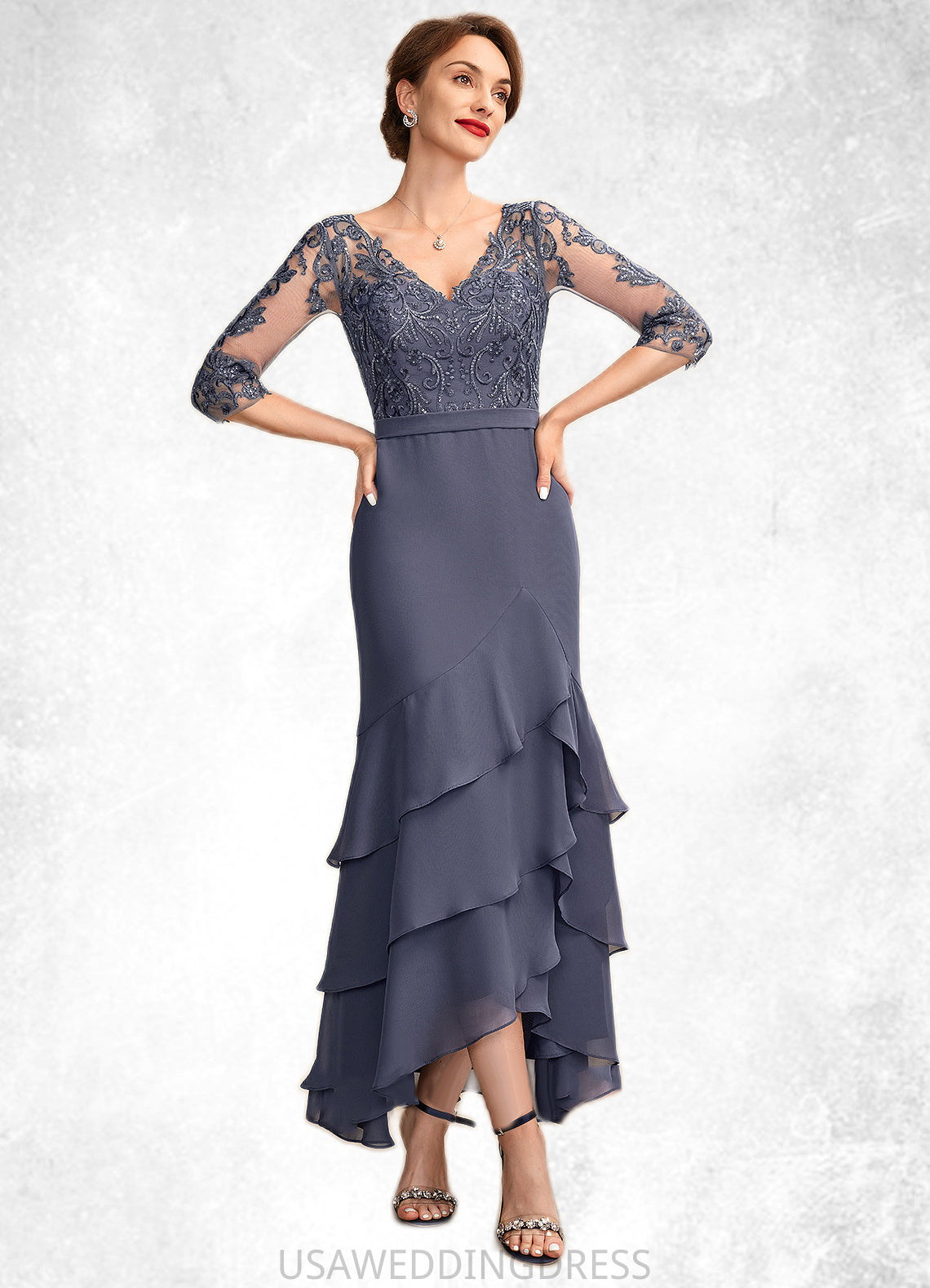 Claire Trumpet/Mermaid V-neck Asymmetrical Chiffon Lace Mother of the Bride Dress With Sequins Cascading Ruffles DS126P0015007