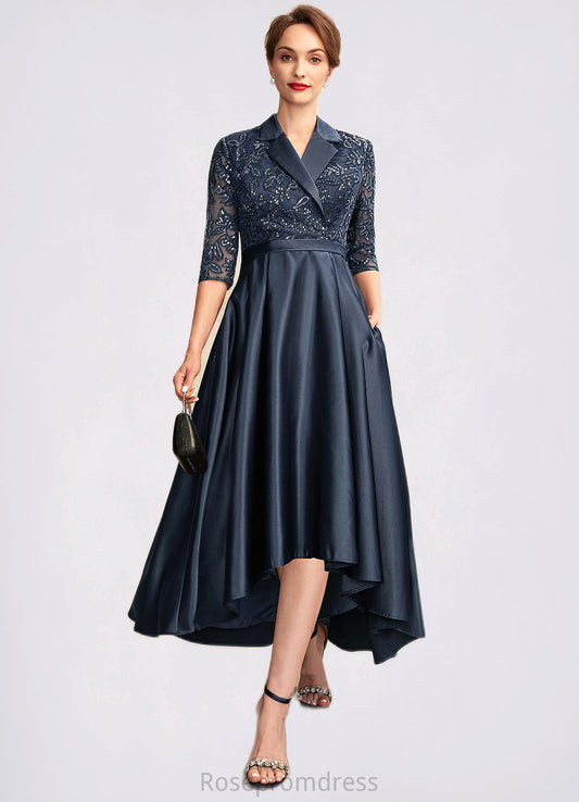 Abby A-Line V-neck Asymmetrical Satin Lace Mother of the Bride Dress With Sequins Pockets SRS126P0015008