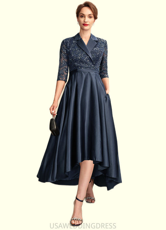 Hazel A-Line V-neck Asymmetrical Satin Lace Mother of the Bride Dress With Sequins Pockets DS126P0015008