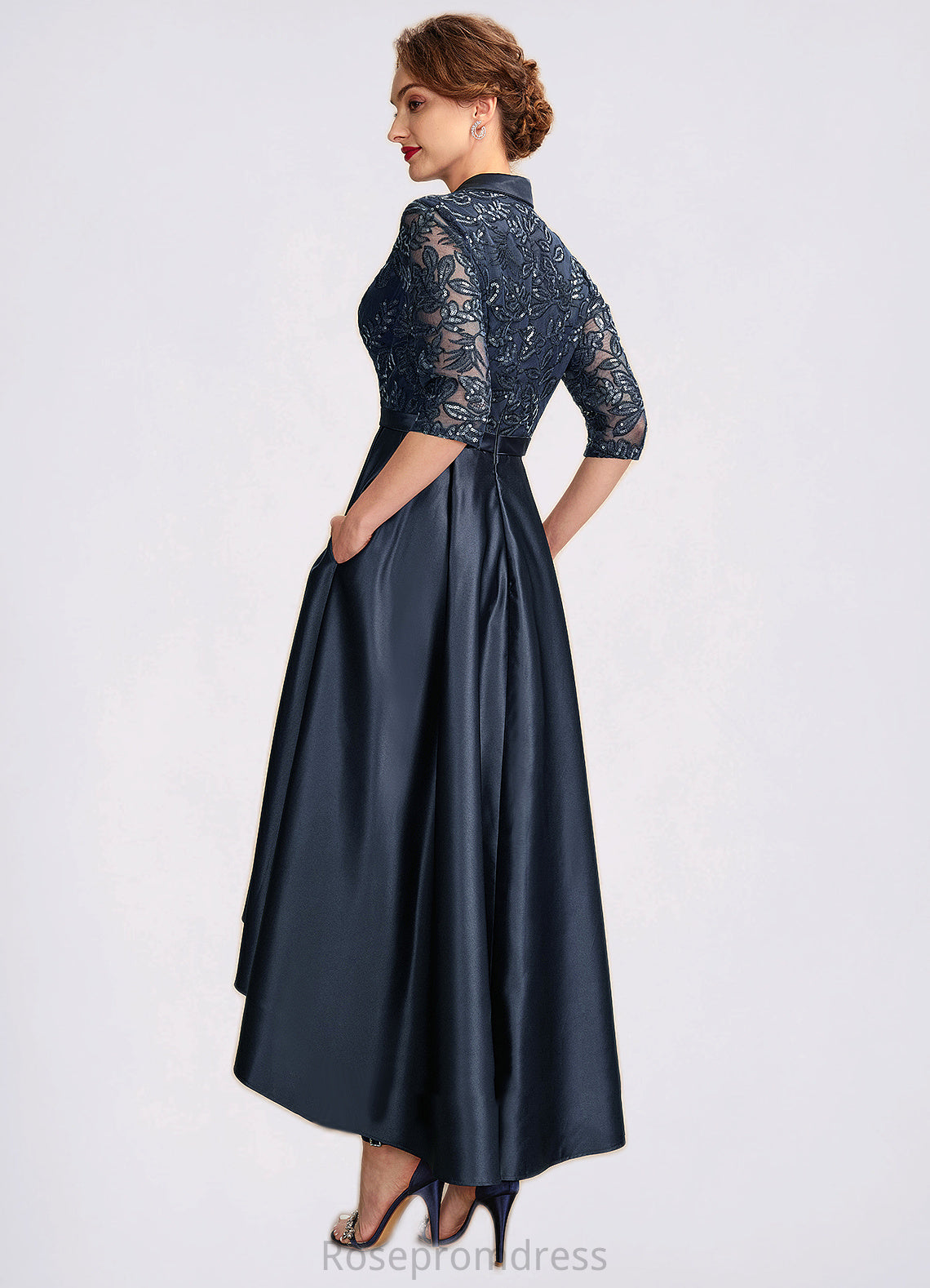 Abby A-Line V-neck Asymmetrical Satin Lace Mother of the Bride Dress With Sequins Pockets SRS126P0015008