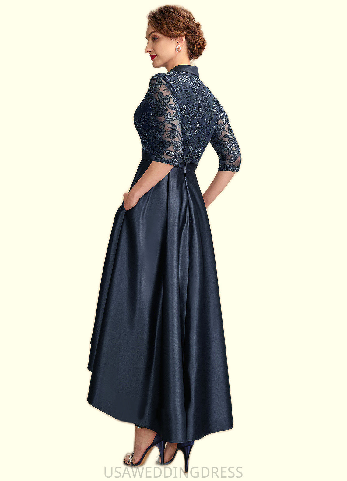 Hazel A-Line V-neck Asymmetrical Satin Lace Mother of the Bride Dress With Sequins Pockets DS126P0015008