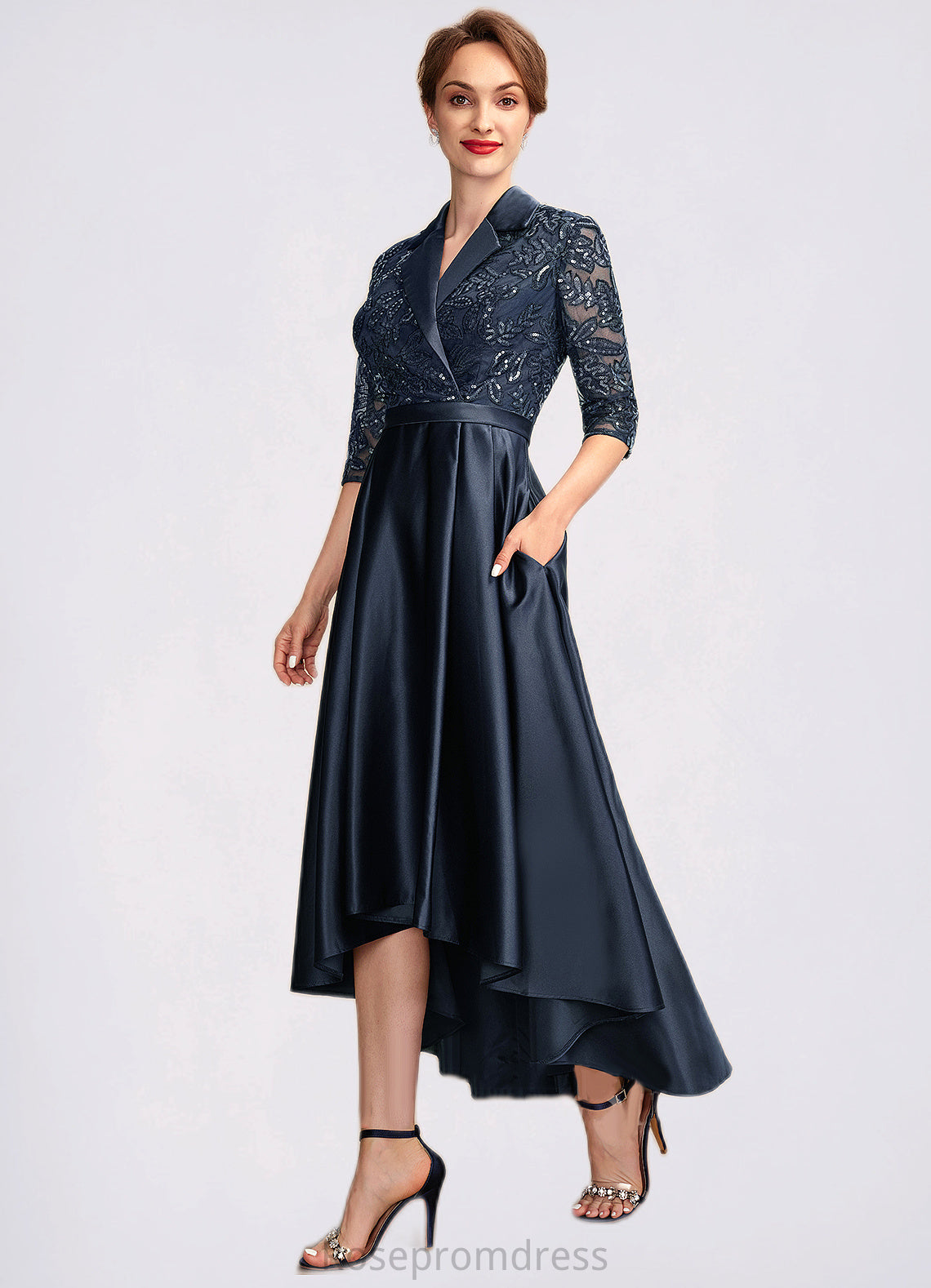 Abby A-Line V-neck Asymmetrical Satin Lace Mother of the Bride Dress With Sequins Pockets SRS126P0015008