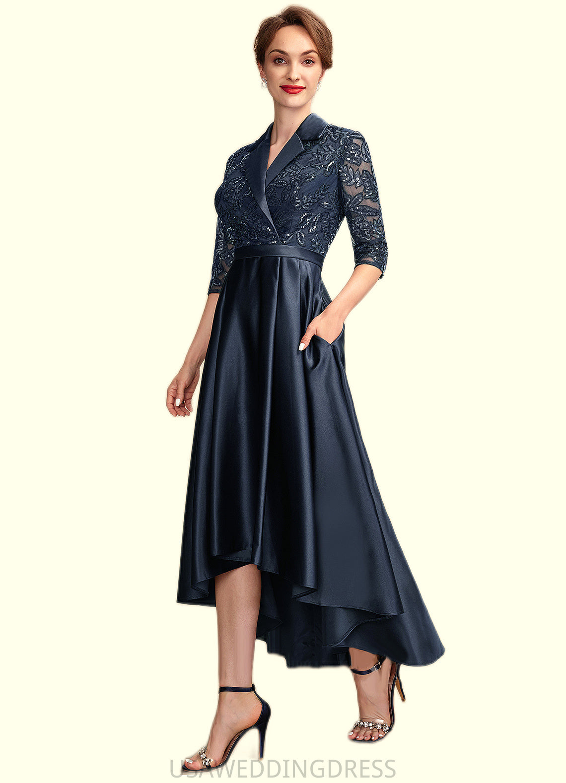 Hazel A-Line V-neck Asymmetrical Satin Lace Mother of the Bride Dress With Sequins Pockets DS126P0015008