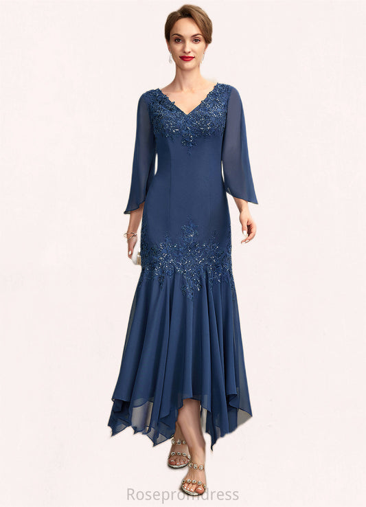 Kaylee Trumpet/Mermaid V-neck Ankle-Length Chiffon Mother of the Bride Dress With Appliques Lace Sequins SRS126P0015009