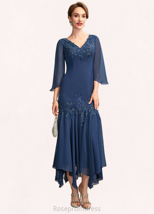 Kaylee Trumpet/Mermaid V-neck Ankle-Length Chiffon Mother of the Bride Dress With Appliques Lace Sequins SRS126P0015009