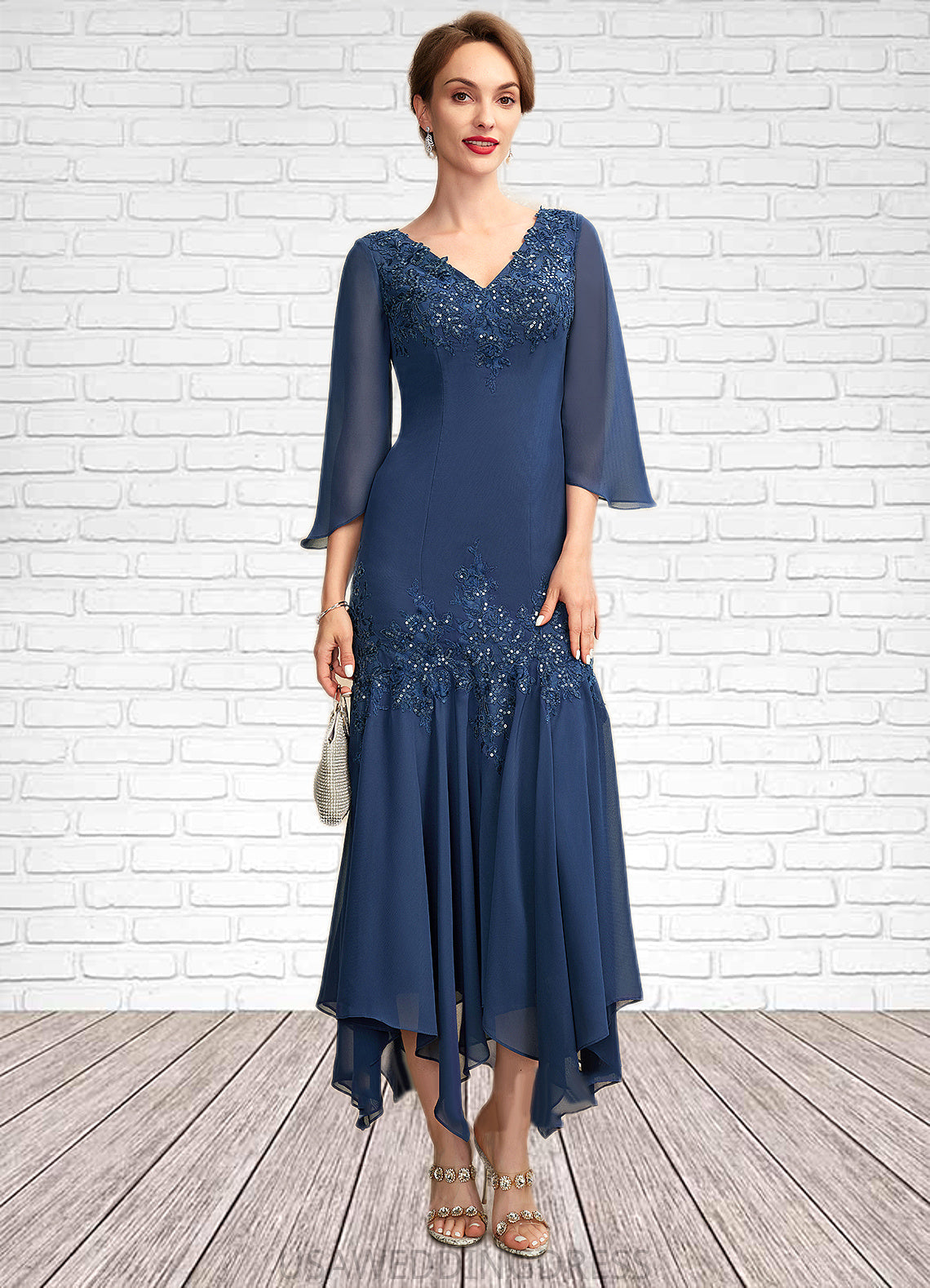 Clara Trumpet/Mermaid V-neck Ankle-Length Chiffon Mother of the Bride Dress With Appliques Lace Sequins DS126P0015009