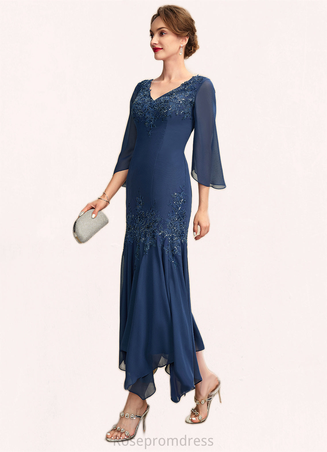 Kaylee Trumpet/Mermaid V-neck Ankle-Length Chiffon Mother of the Bride Dress With Appliques Lace Sequins SRS126P0015009