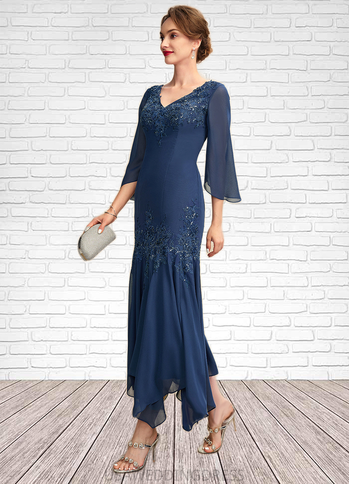 Clara Trumpet/Mermaid V-neck Ankle-Length Chiffon Mother of the Bride Dress With Appliques Lace Sequins DS126P0015009