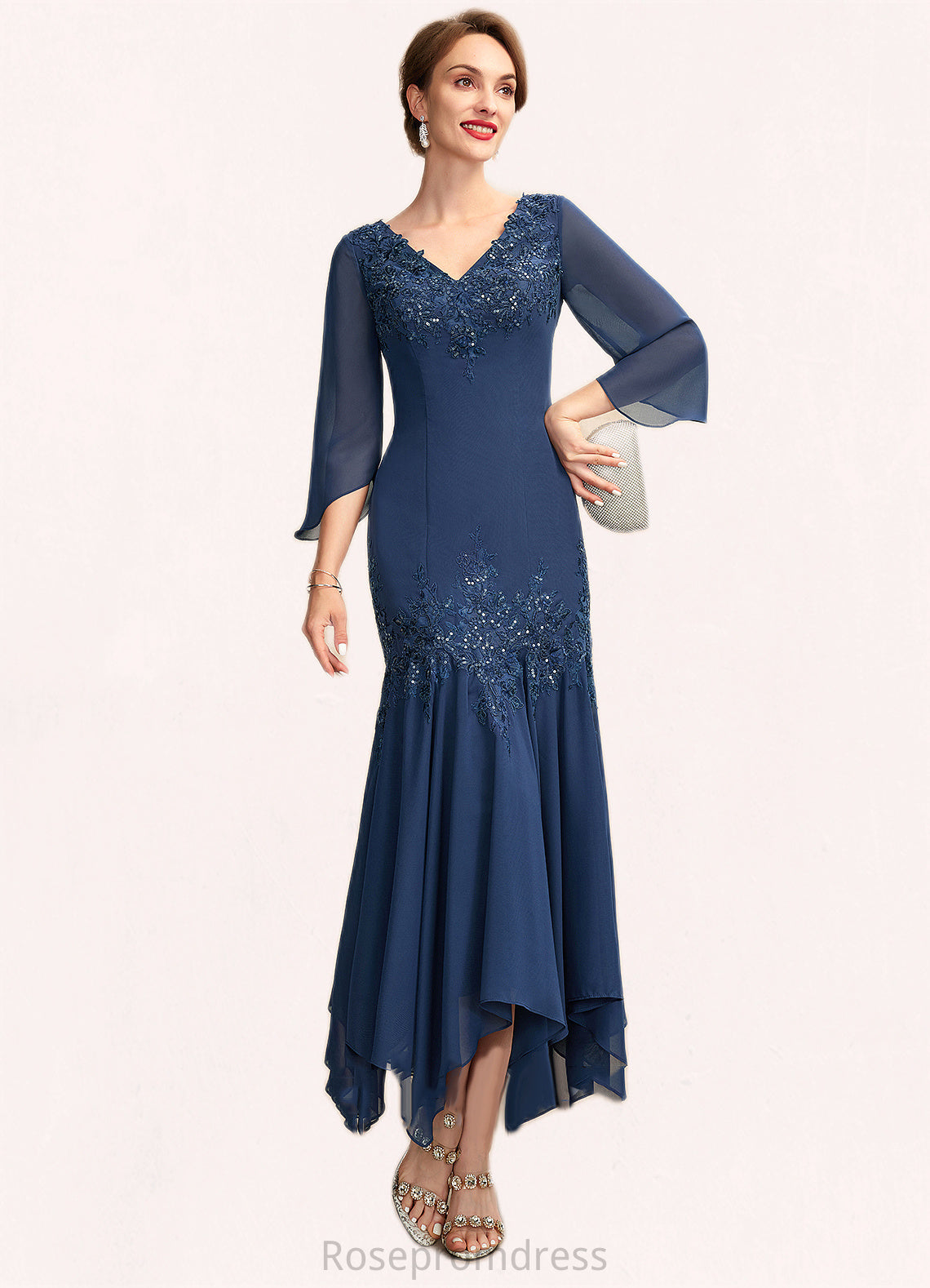 Kaylee Trumpet/Mermaid V-neck Ankle-Length Chiffon Mother of the Bride Dress With Appliques Lace Sequins SRS126P0015009