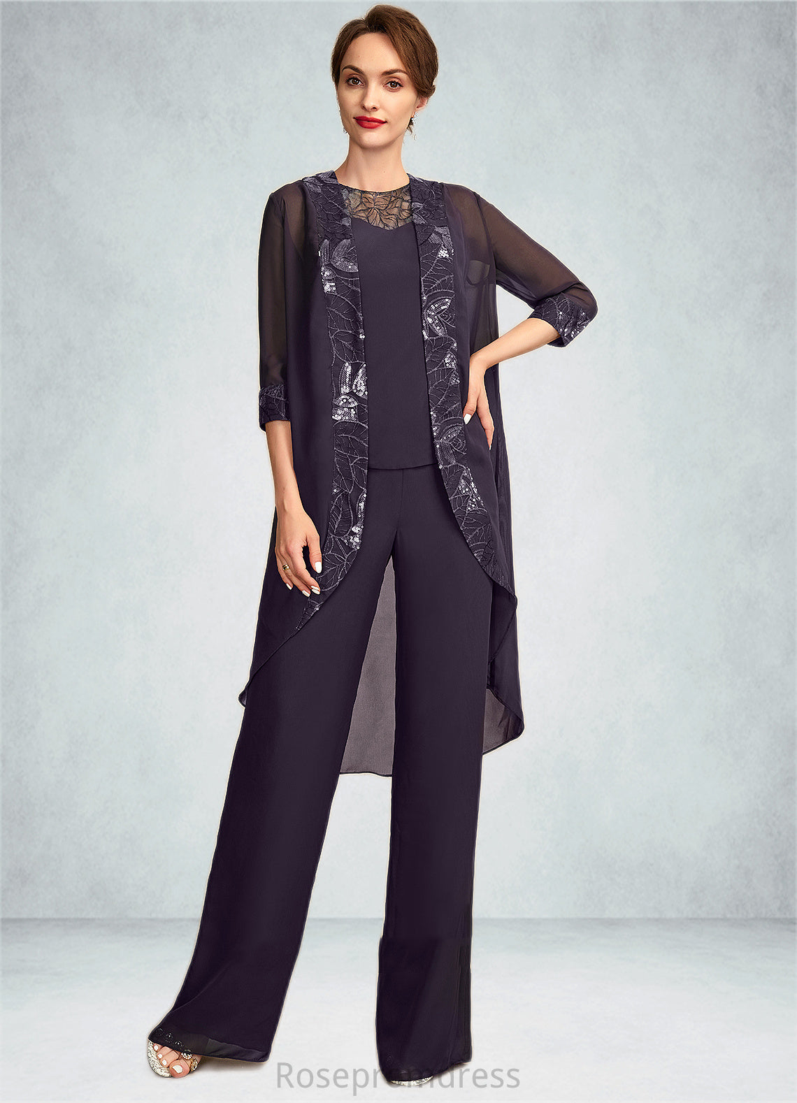 Kamila Jumpsuit/Pantsuit Scoop Neck Floor-Length Chiffon Lace Mother of the Bride Dress With Sequins SRS126P0015010