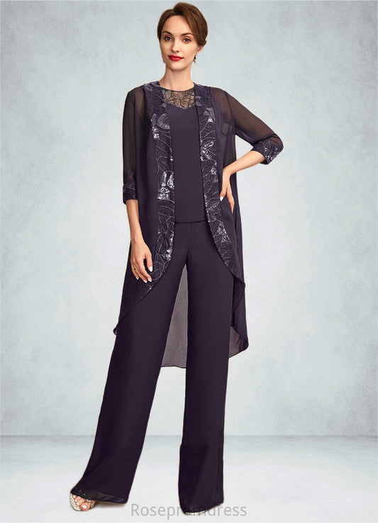 Kamila Jumpsuit/Pantsuit Scoop Neck Floor-Length Chiffon Lace Mother of the Bride Dress With Sequins SRS126P0015010
