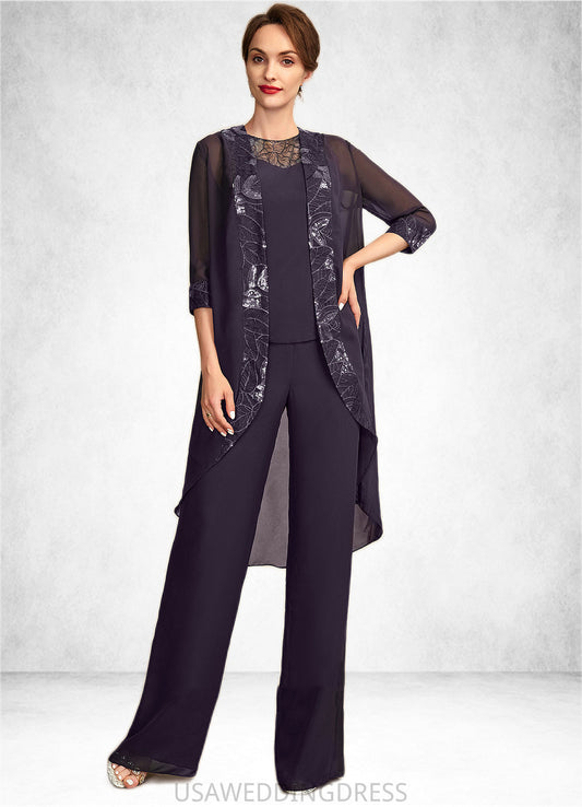 Lorelai Jumpsuit/Pantsuit Scoop Neck Floor-Length Chiffon Lace Mother of the Bride Dress With Sequins DS126P0015010