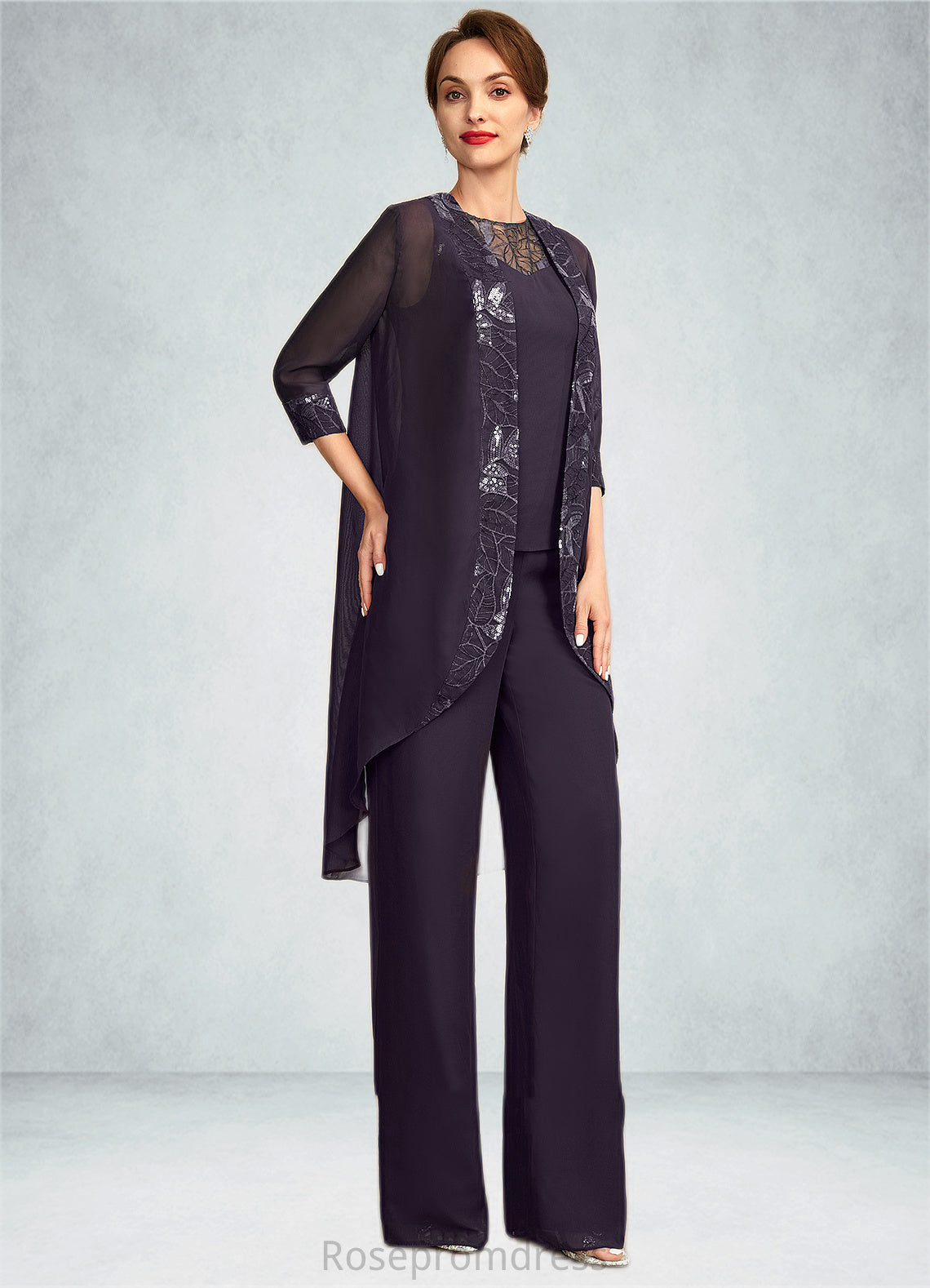 Kamila Jumpsuit/Pantsuit Scoop Neck Floor-Length Chiffon Lace Mother of the Bride Dress With Sequins SRS126P0015010