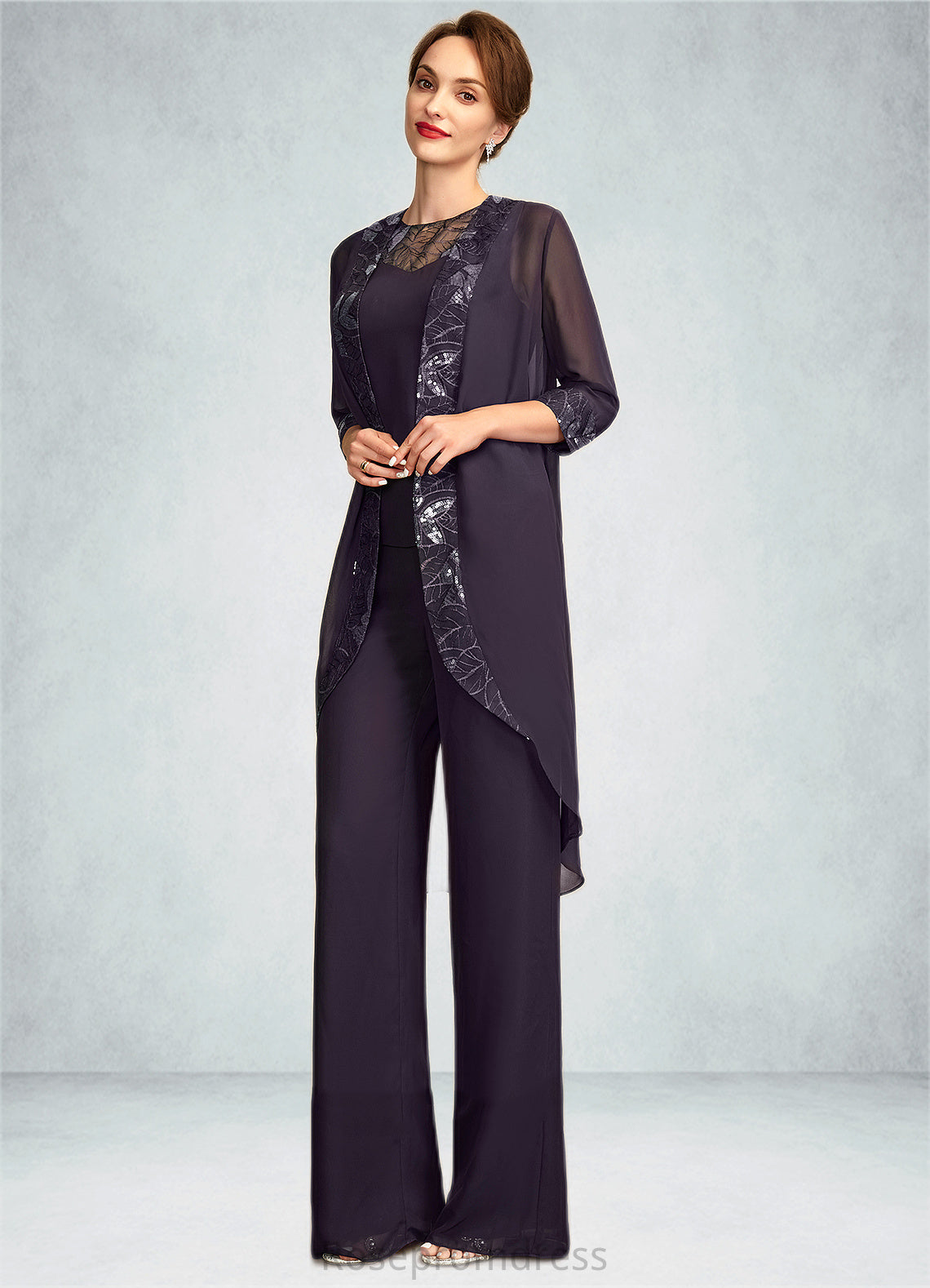 Kamila Jumpsuit/Pantsuit Scoop Neck Floor-Length Chiffon Lace Mother of the Bride Dress With Sequins SRS126P0015010