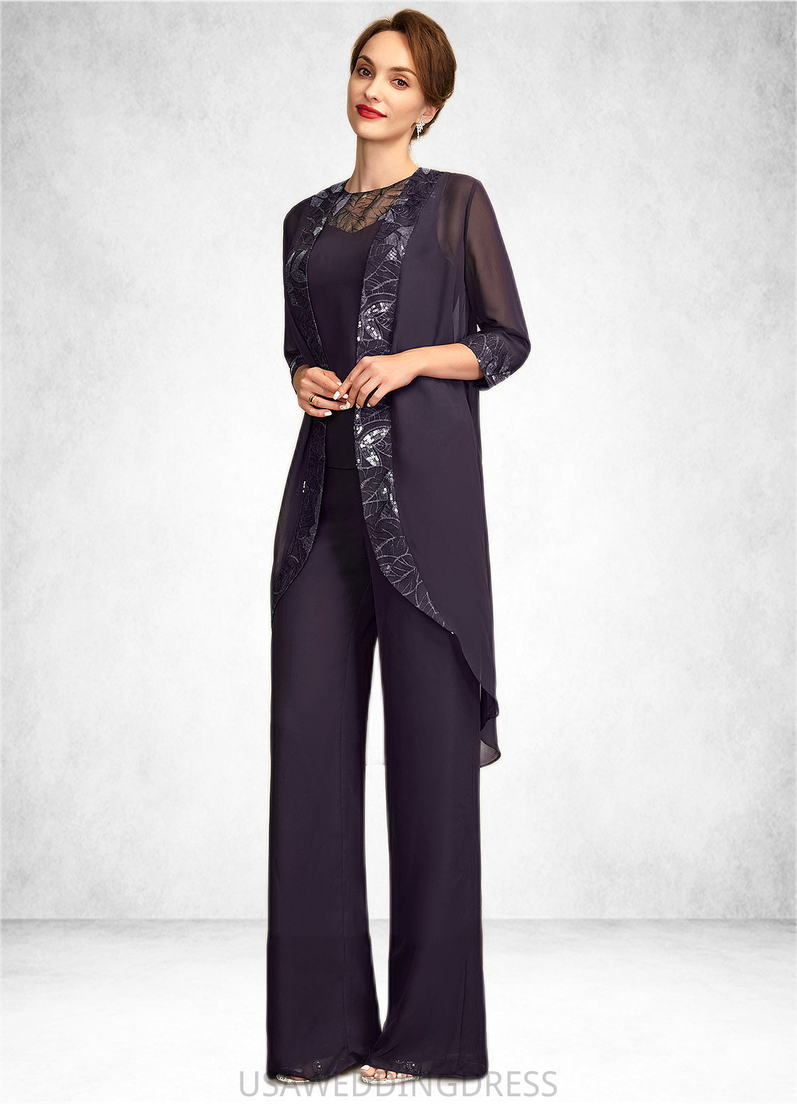 Lorelai Jumpsuit/Pantsuit Scoop Neck Floor-Length Chiffon Lace Mother of the Bride Dress With Sequins DS126P0015010