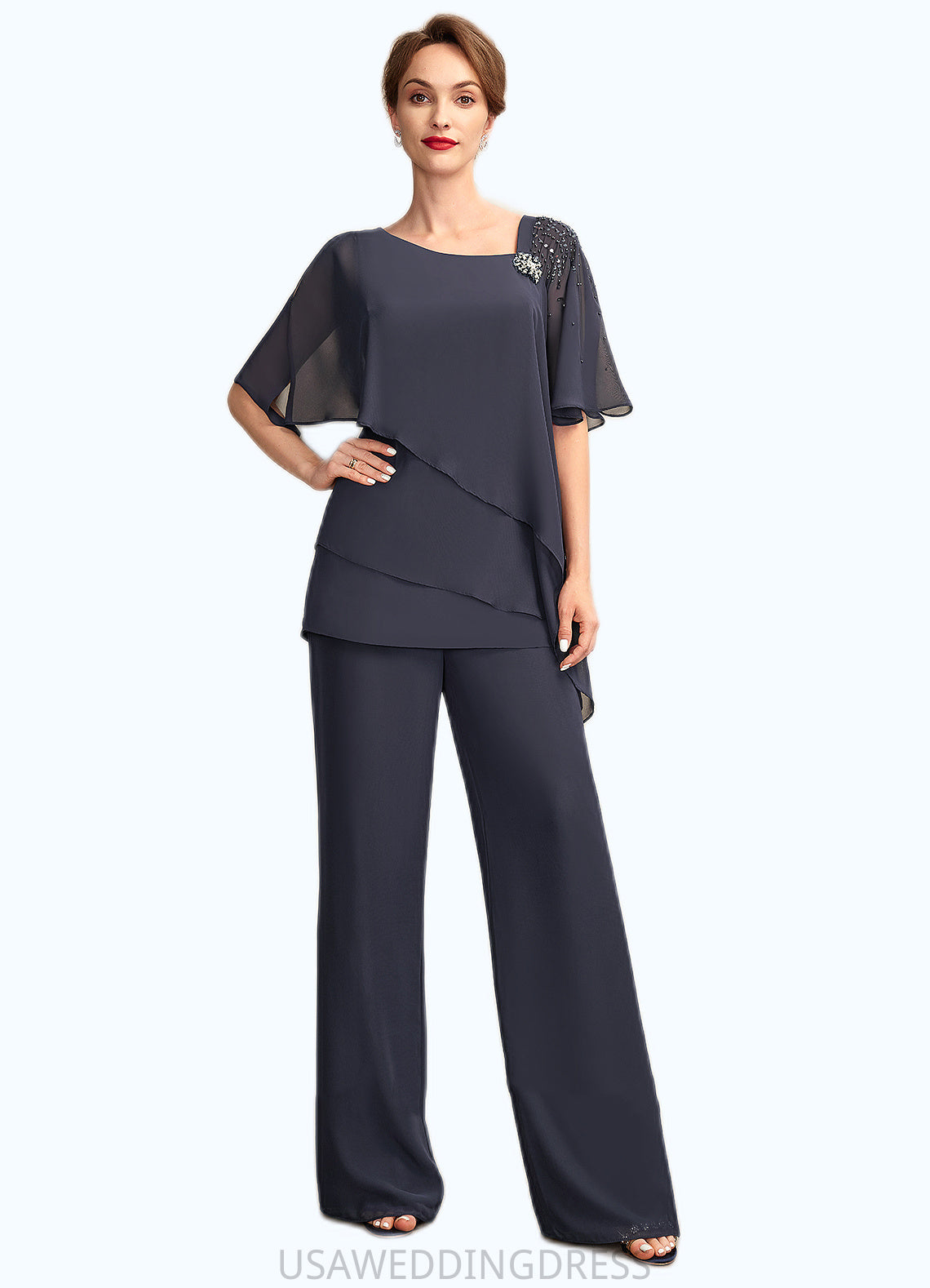 Zoe Jumpsuit/Pantsuit V-neck Floor-Length Chiffon Mother of the Bride Dress With Beading Sequins Cascading Ruffles DS126P0015011