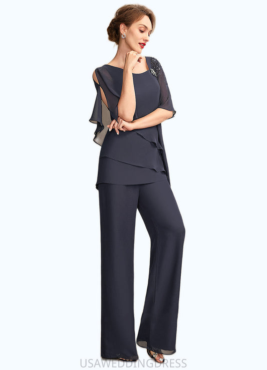 Zoe Jumpsuit/Pantsuit V-neck Floor-Length Chiffon Mother of the Bride Dress With Beading Sequins Cascading Ruffles DS126P0015011