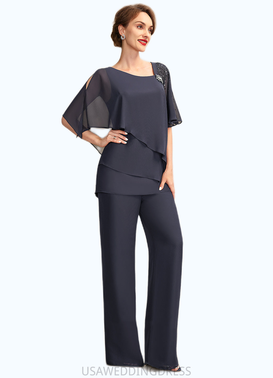 Zoe Jumpsuit/Pantsuit V-neck Floor-Length Chiffon Mother of the Bride Dress With Beading Sequins Cascading Ruffles DS126P0015011