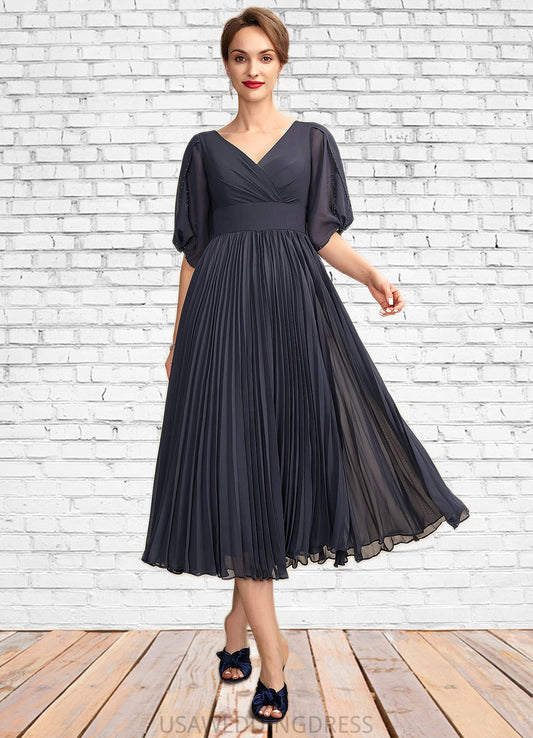 Shirley A-Line V-neck Tea-Length Chiffon Mother of the Bride Dress With Pleated DS126P0015012