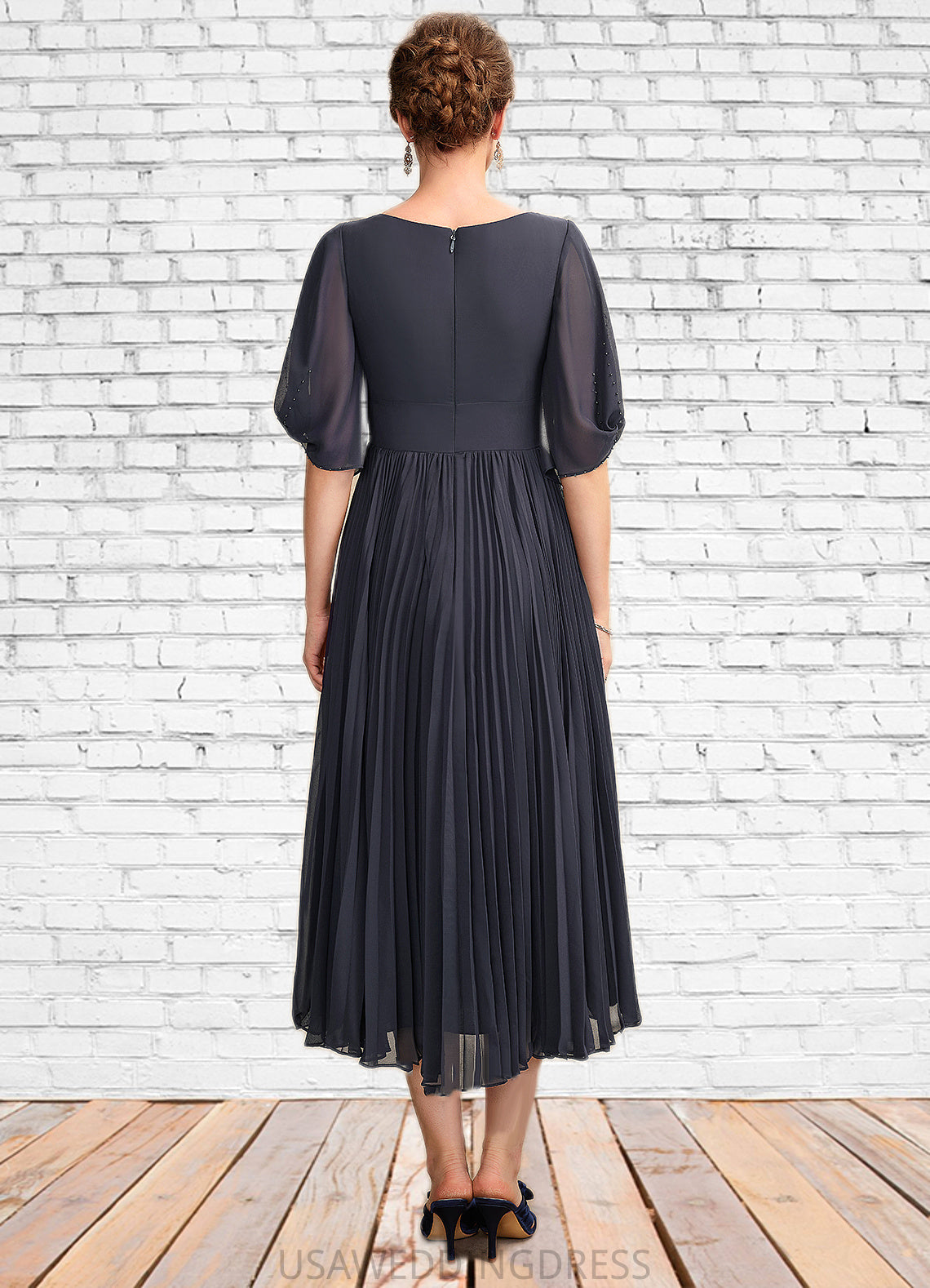 Shirley A-Line V-neck Tea-Length Chiffon Mother of the Bride Dress With Pleated DS126P0015012