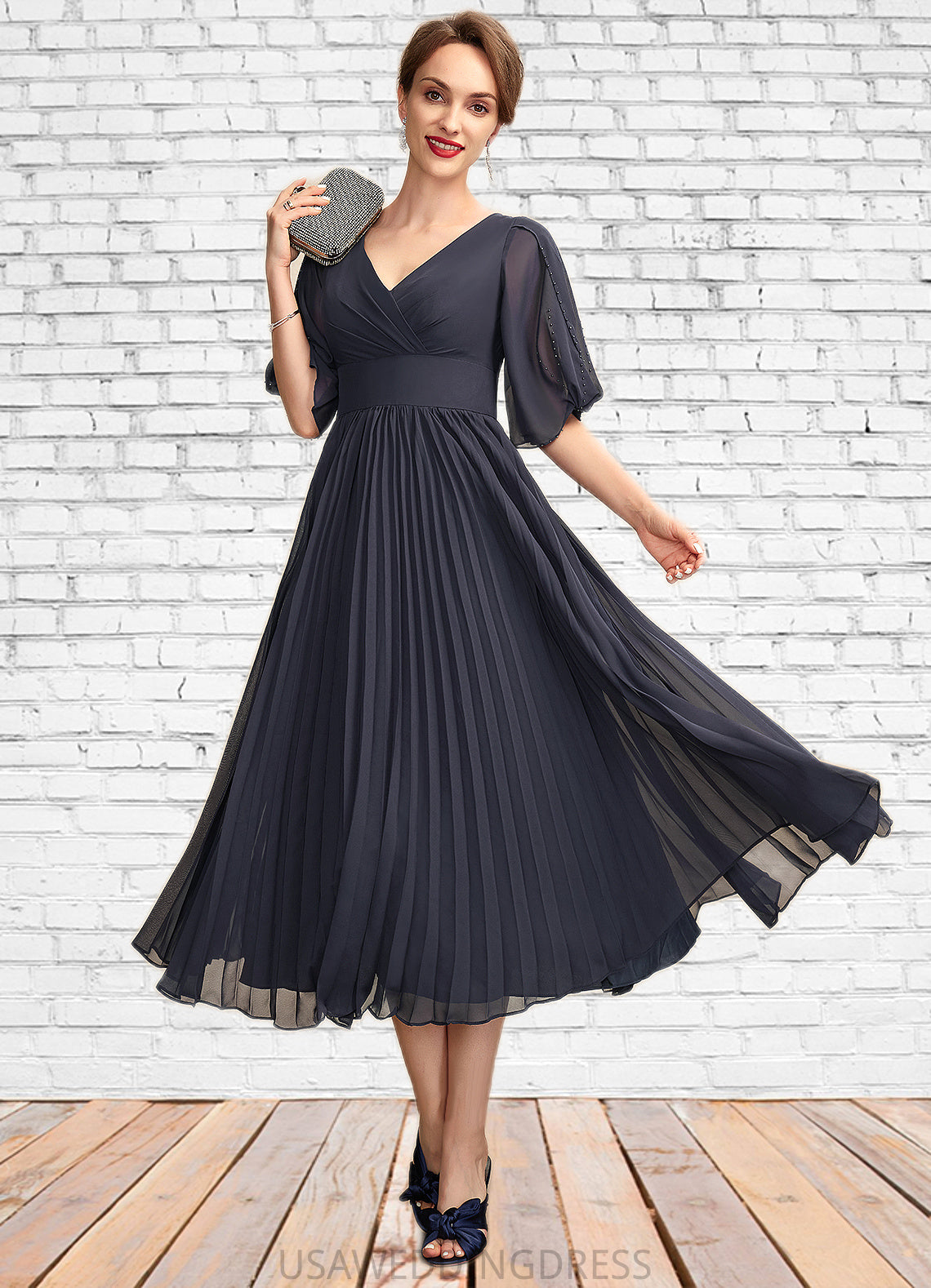 Shirley A-Line V-neck Tea-Length Chiffon Mother of the Bride Dress With Pleated DS126P0015012