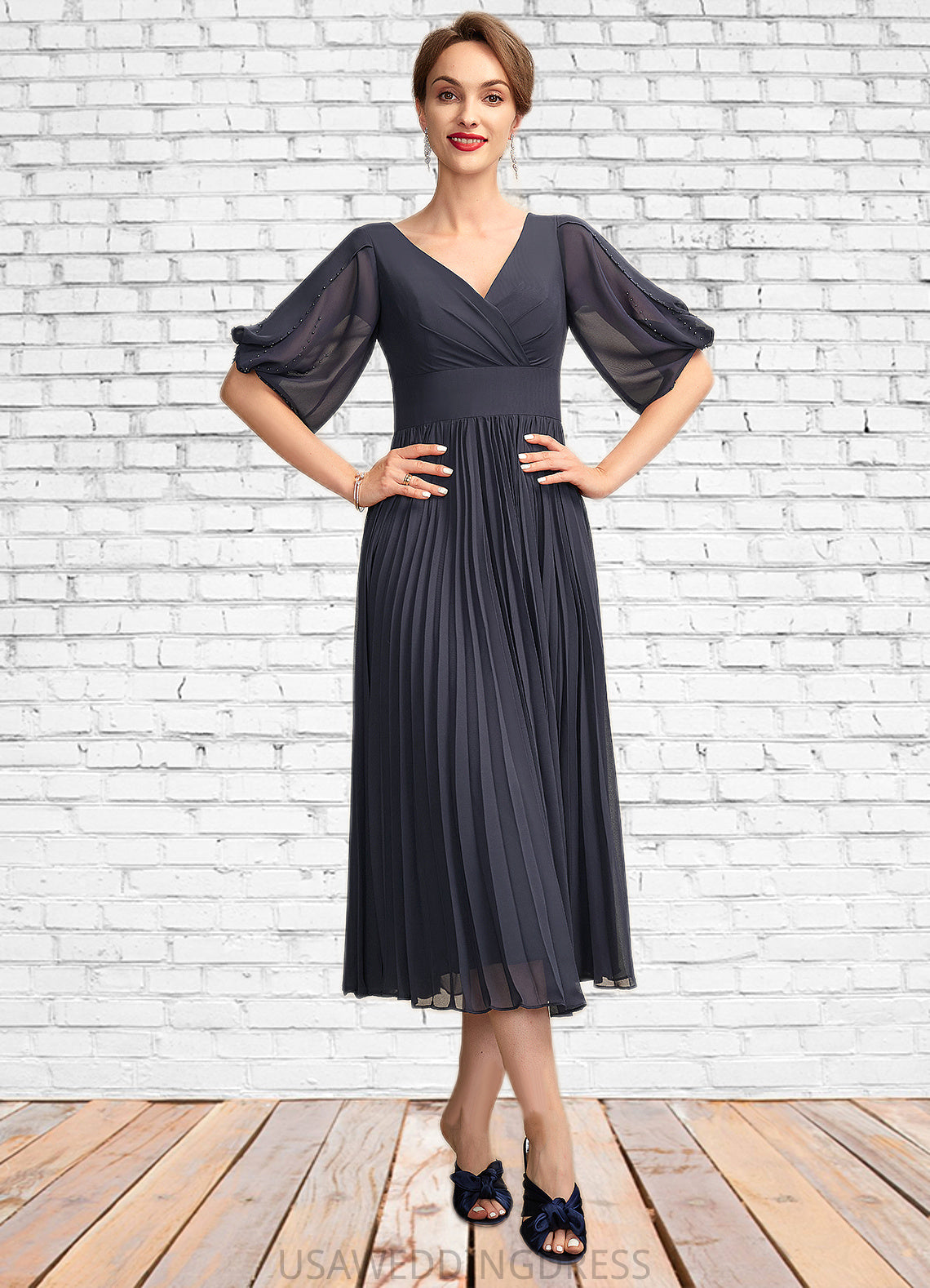 Shirley A-Line V-neck Tea-Length Chiffon Mother of the Bride Dress With Pleated DS126P0015012