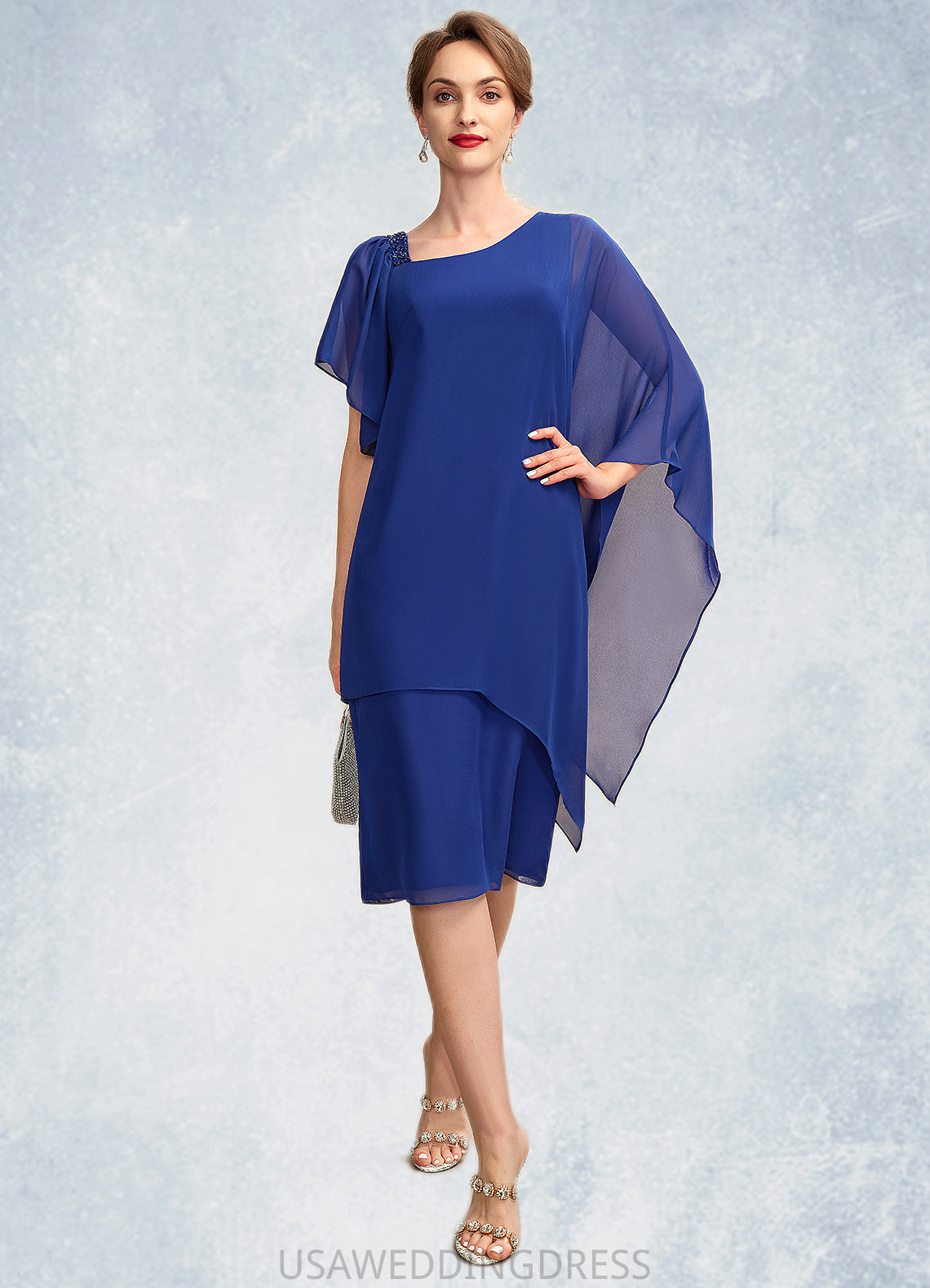 Alyssa Sheath/Column V-neck Knee-Length Chiffon Mother of the Bride Dress With Beading Sequins DS126P0015013