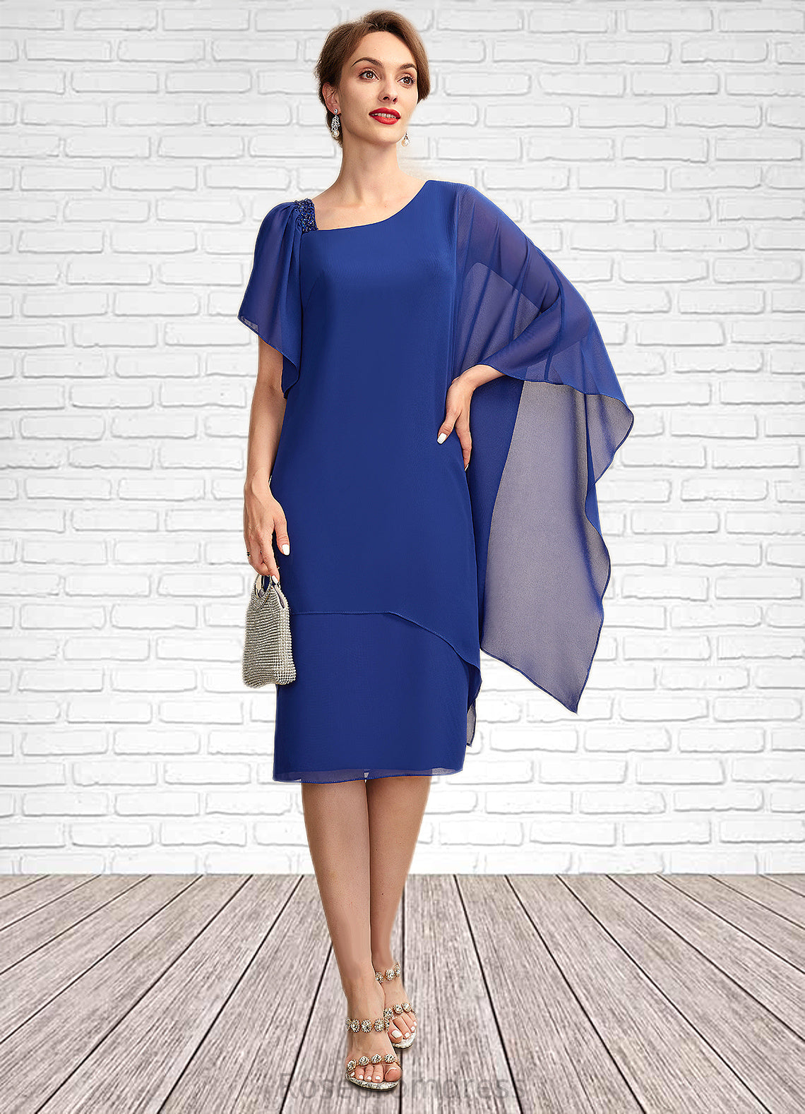 Autumn Sheath/Column V-neck Knee-Length Chiffon Mother of the Bride Dress With Beading Sequins SRS126P0015013