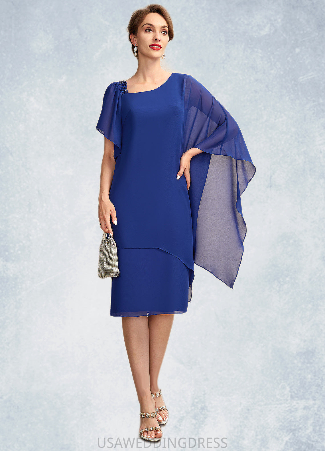 Alyssa Sheath/Column V-neck Knee-Length Chiffon Mother of the Bride Dress With Beading Sequins DS126P0015013