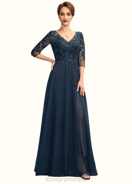 Kierra A-Line V-neck Floor-Length Chiffon Lace Mother of the Bride Dress With Sequins Split Front SRS126P0015014