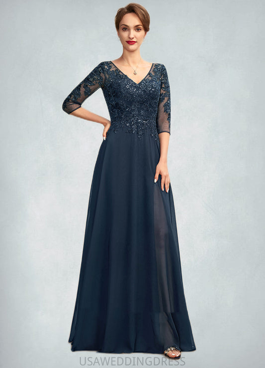 Lilah A-Line V-neck Floor-Length Chiffon Lace Mother of the Bride Dress With Sequins Split Front DS126P0015014
