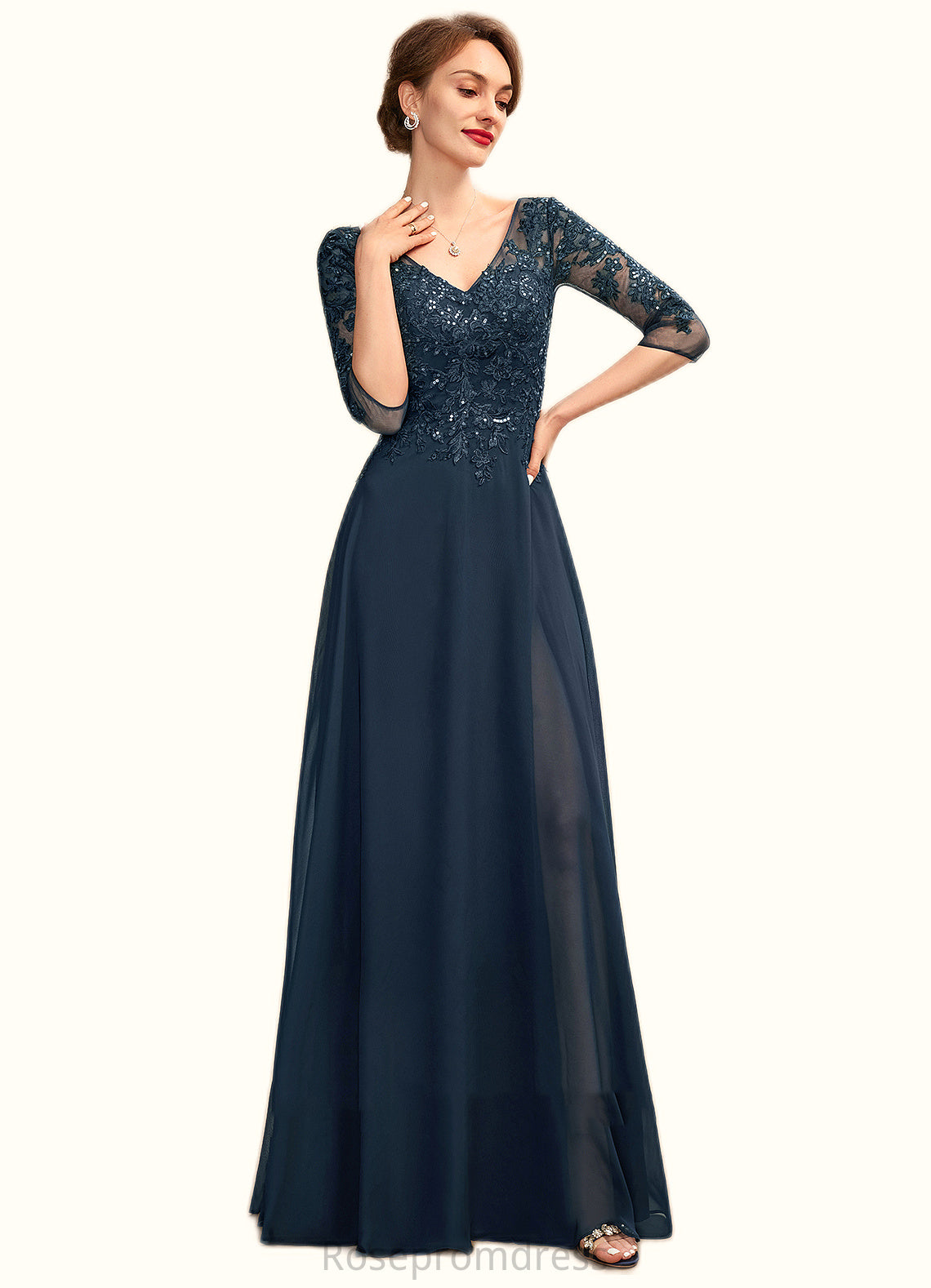 Kierra A-Line V-neck Floor-Length Chiffon Lace Mother of the Bride Dress With Sequins Split Front SRS126P0015014