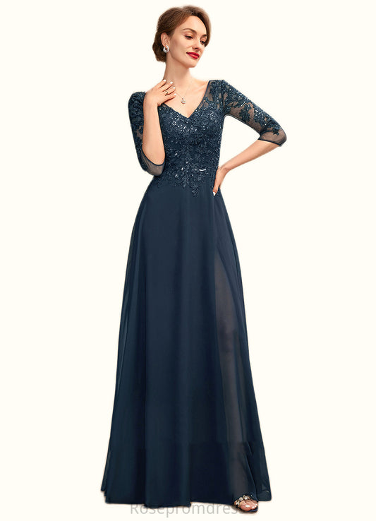 Kierra A-Line V-neck Floor-Length Chiffon Lace Mother of the Bride Dress With Sequins Split Front SRS126P0015014