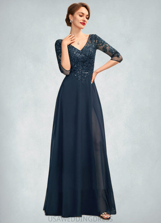 Lilah A-Line V-neck Floor-Length Chiffon Lace Mother of the Bride Dress With Sequins Split Front DS126P0015014