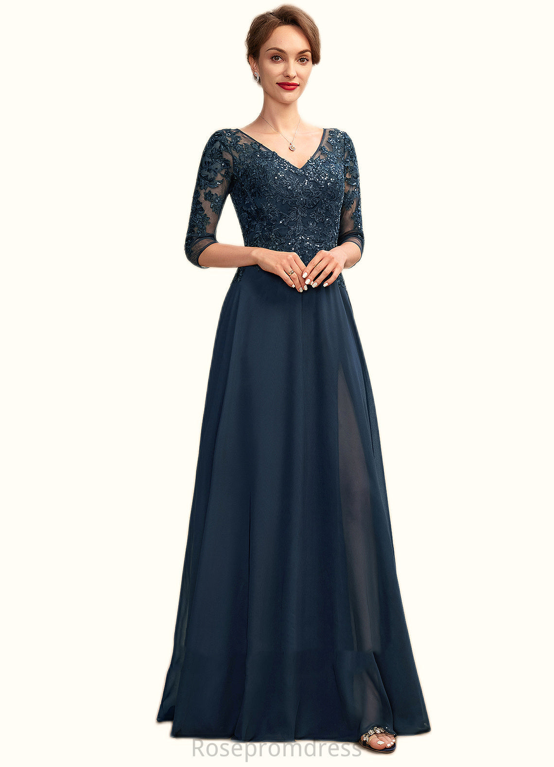 Kierra A-Line V-neck Floor-Length Chiffon Lace Mother of the Bride Dress With Sequins Split Front SRS126P0015014