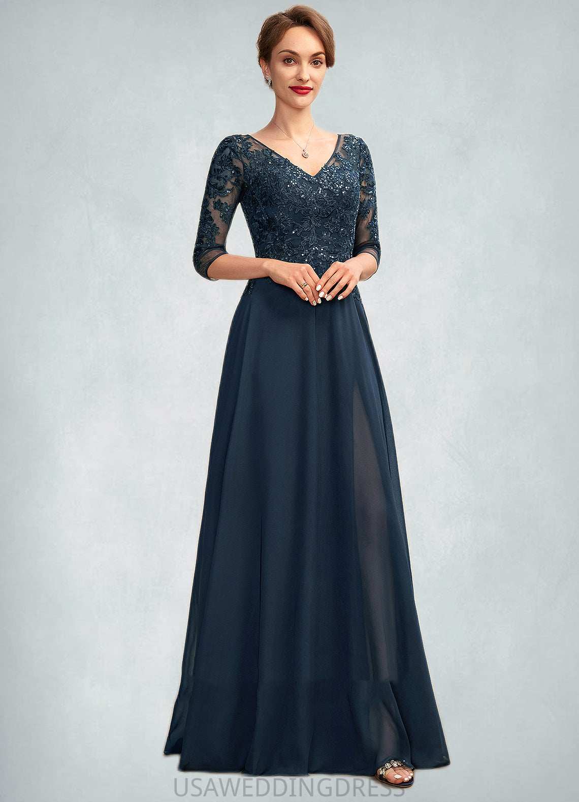 Lilah A-Line V-neck Floor-Length Chiffon Lace Mother of the Bride Dress With Sequins Split Front DS126P0015014