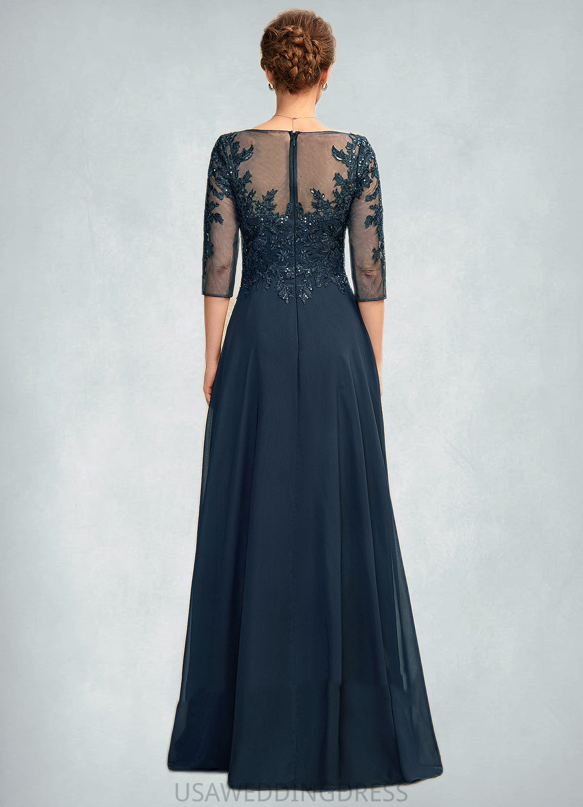 Lilah A-Line V-neck Floor-Length Chiffon Lace Mother of the Bride Dress With Sequins Split Front DS126P0015014