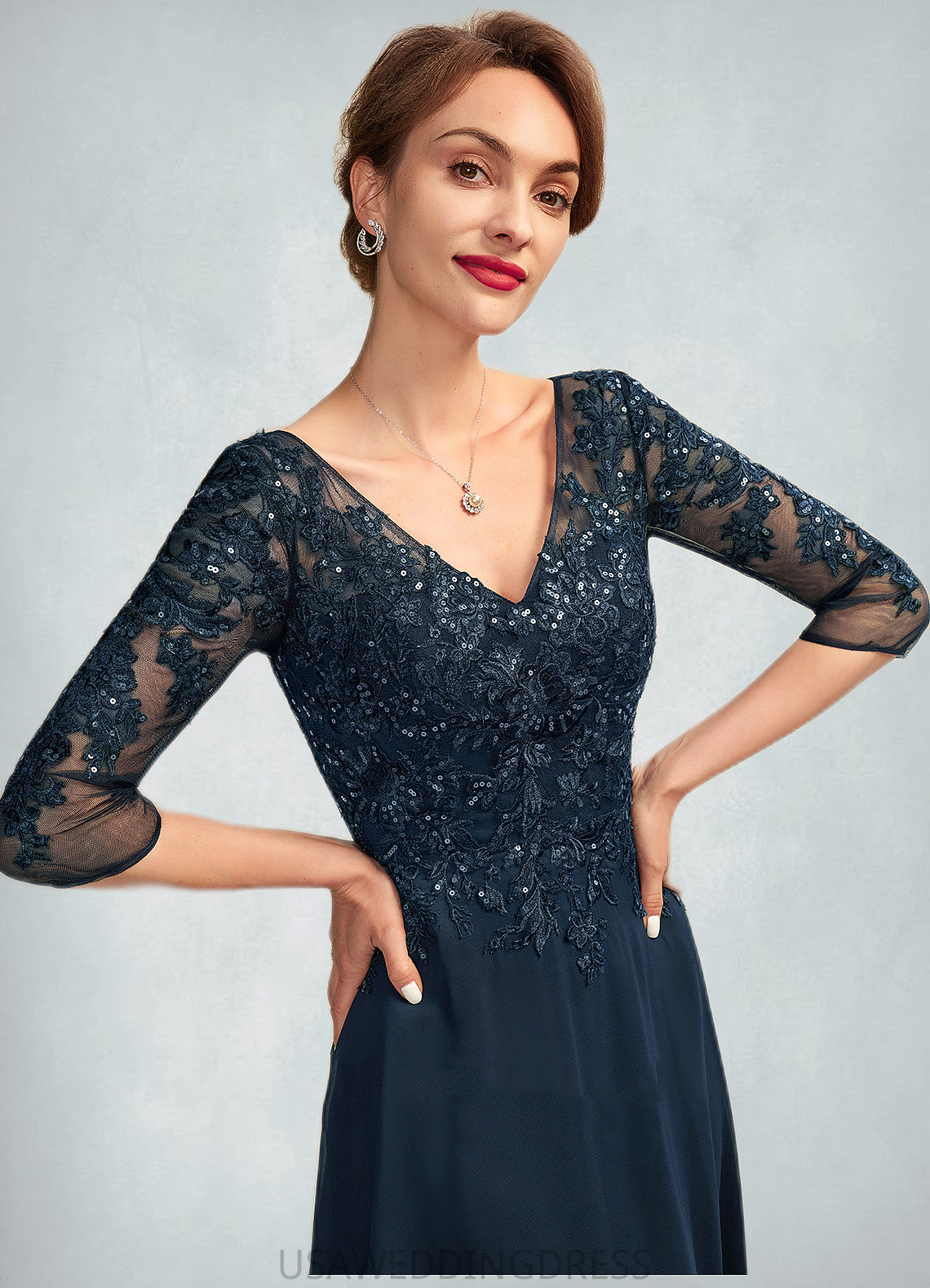 Lilah A-Line V-neck Floor-Length Chiffon Lace Mother of the Bride Dress With Sequins Split Front DS126P0015014