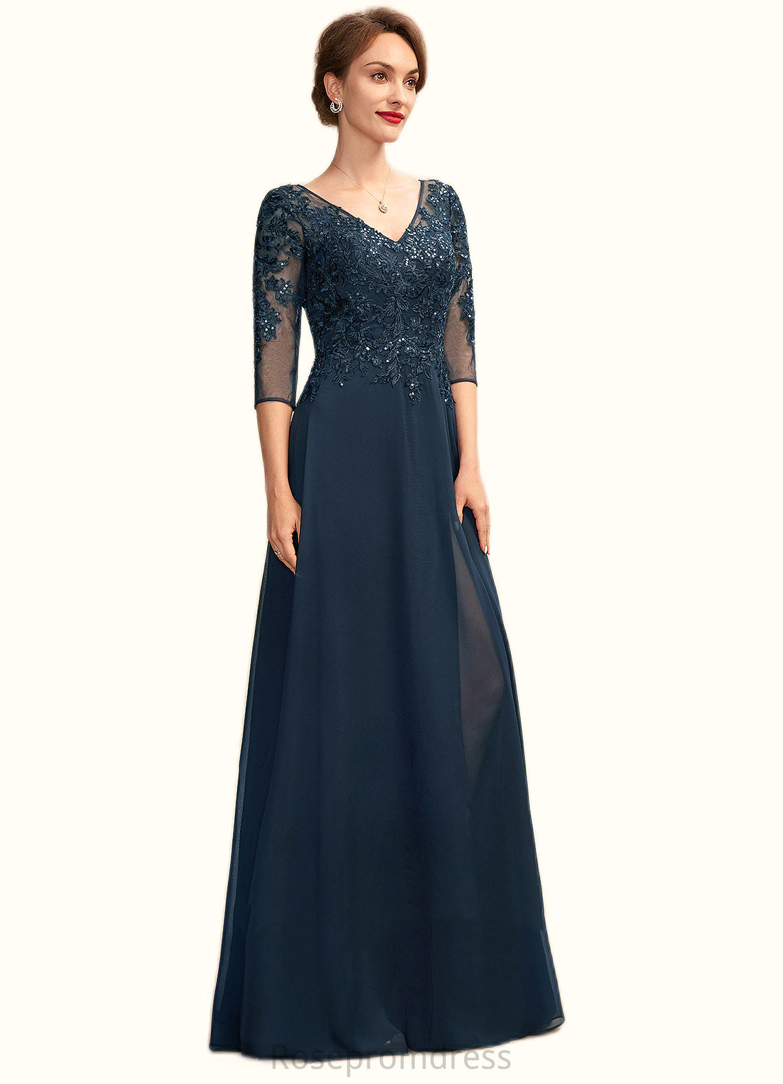 Kierra A-Line V-neck Floor-Length Chiffon Lace Mother of the Bride Dress With Sequins Split Front SRS126P0015014